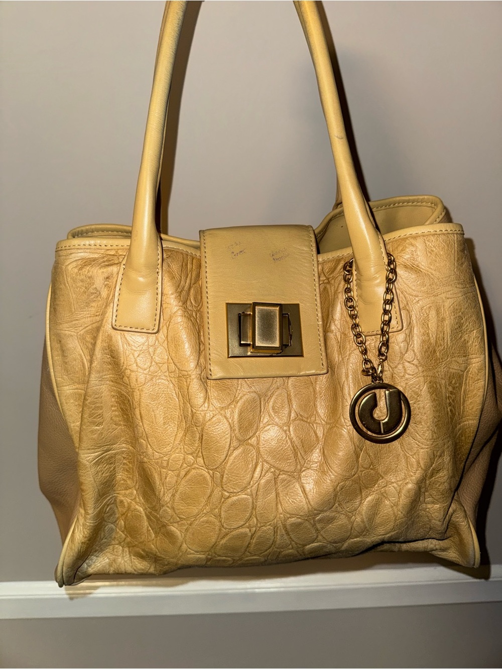 Charles Jourdan Vintage Women's Tan Textured Leather Tote Bag with Gold Accent